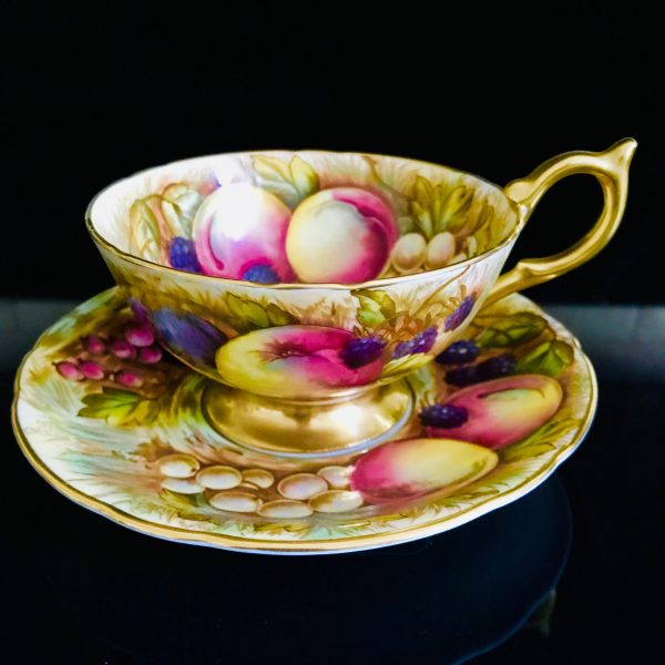 Aynsley Tea Cup and Saucer Fine bone china England very detailed colorful fruit heavy gold Collectible Display Farmhouse Coffee D. Jones