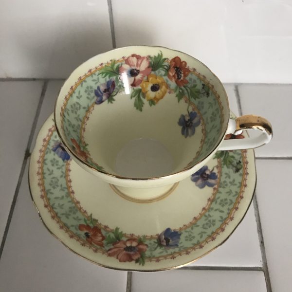 Aynsley Tea Cup and Saucer light Yellow orange pink yellow flowers inside Gold trim Fine bone china England Collectible Display Farmhouse