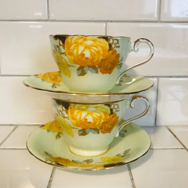 Aynsley Tea Cup and Saucer PAIR Fine bone china England mint green background Yellow Roses Collectible Display Coffee Bridal Shower