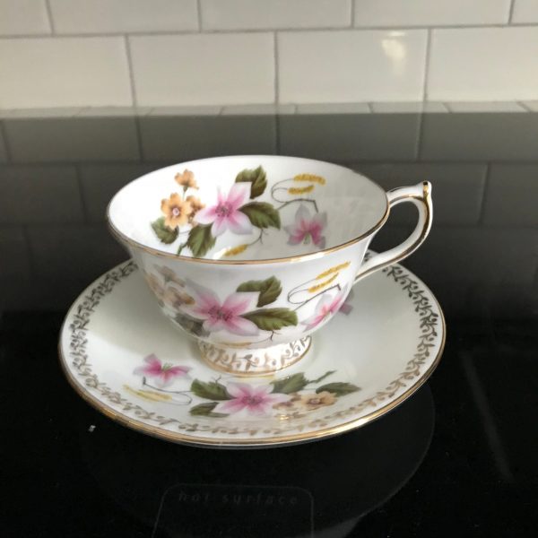 Aynsley Tea Cup and Saucer Pink flowers yellow wheat pattern gold trim Fine porcelain England Collectible Display Farmhouse Cottage