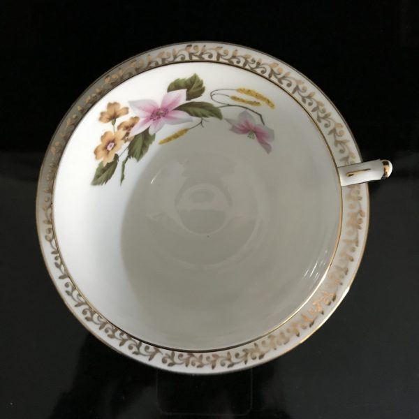 Aynsley Tea Cup and Saucer Pink flowers yellow wheat pattern gold trim Fine porcelain England Collectible Display Farmhouse Cottage