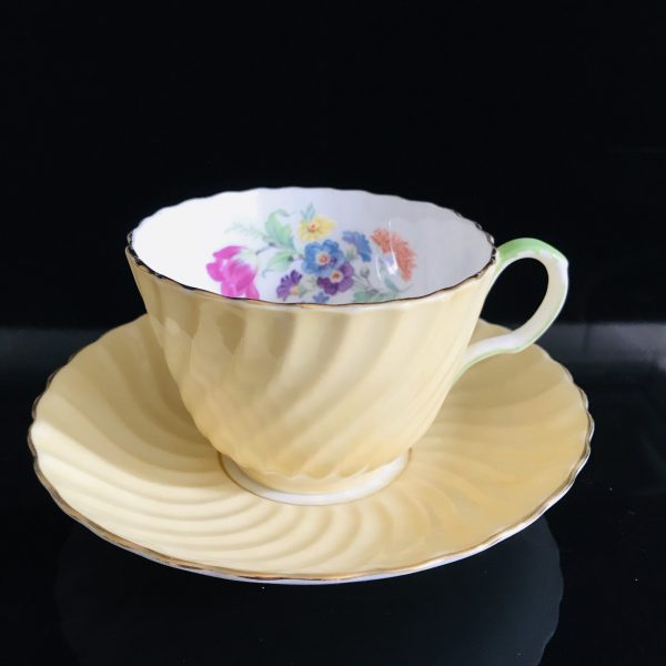 Aynsley Tea Cup and Saucer Swirl Butter Yellow Dresden Floral inside Fine porcelain England Collectible Display Farmhouse Cottage bridal