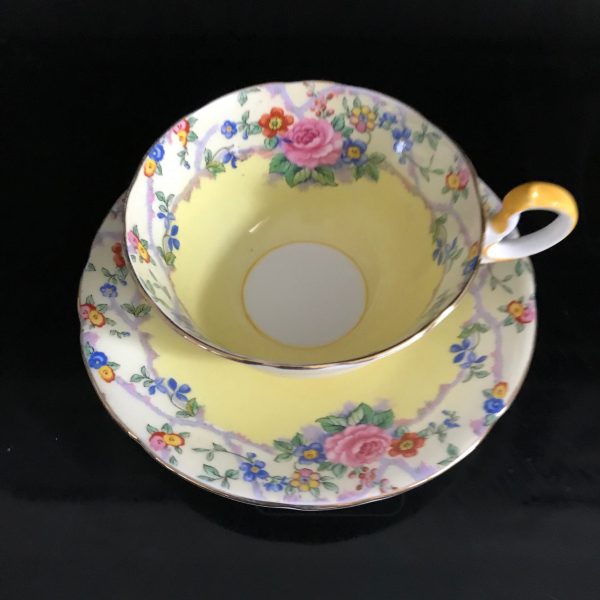 Aynsley Tea Cup and Saucer true yellow light pink cabbage rose orange blue yellow flowers Fine bone china England Collectible Display bridal