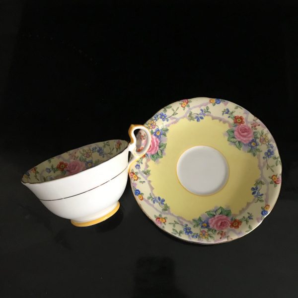 Aynsley Tea Cup and Saucer true yellow light pink cabbage rose orange blue yellow flowers Fine bone china England Collectible Display bridal
