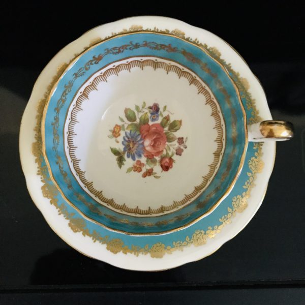 Aynsley Tea Cup and Saucer Turquoise Blue Floral Center pattern Fine bone china England Collectible Display Farmhouse Cottage