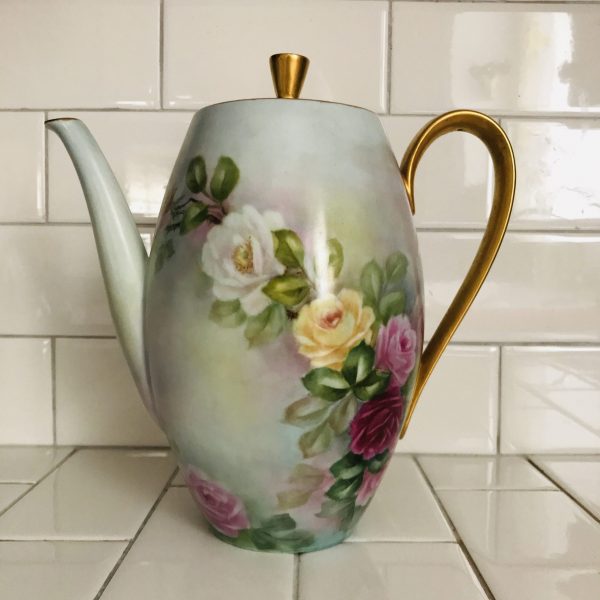 Bavaria 1963 Coffee Pot Teapot with cream and sugar hand Painted Signed Stetmann Western Germany fine bone china display Roses