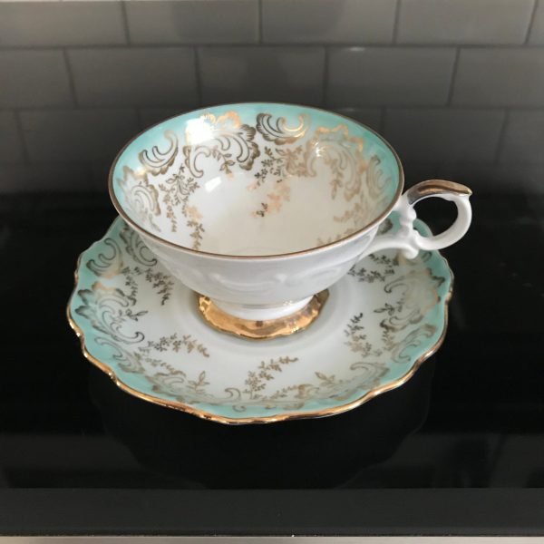 Bavaria tea cup and saucer Germany Fine bone china Aqua gold leaves & scrolls gold trim farmhouse collectible display dining