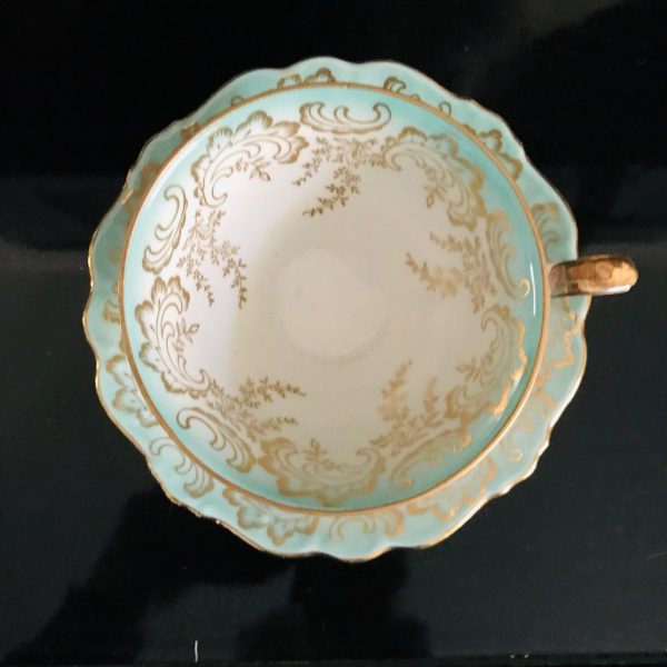 Bavaria tea cup and saucer Germany Fine bone china Aqua gold leaves & scrolls gold trim farmhouse collectible display dining