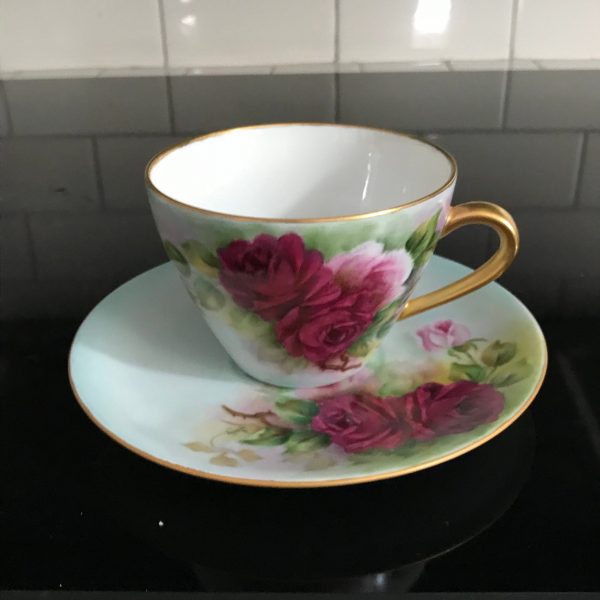 Bavaria Tea cup and saucer hand painted Burgundy & Pink Roses  background 1962 Western Germany Fine bone china collectible display
