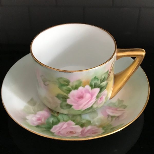 Bavaria Tea cup and saucer hand painted light Pink Roses on light blue background 1960 Western Germany Fine bone china collectible display