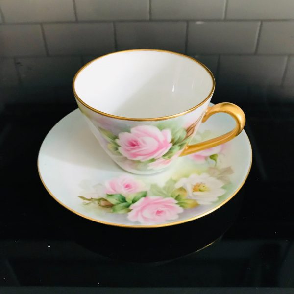 Bavaria Tea cup and saucer hand painted Pink roses on light blue 1961 West Germany Fine bone china gold trim collectible display
