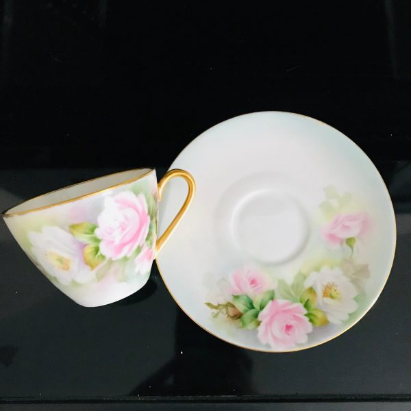 Bavaria Tea cup and saucer hand painted Pink roses on light blue 1961 West Germany Fine bone china gold trim collectible display