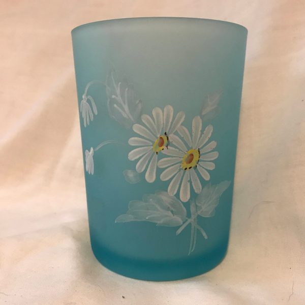 Beauitful Antique Victorian Aqua Enameled Daisies satin glass tumbler cottage bathroom farmhouse collectible display water glass