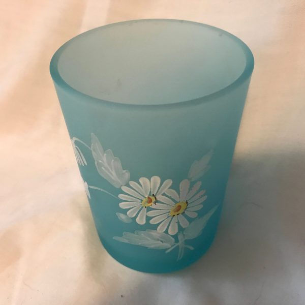 Beauitful Antique Victorian Aqua Enameled Daisies satin glass tumbler cottage bathroom farmhouse collectible display water glass