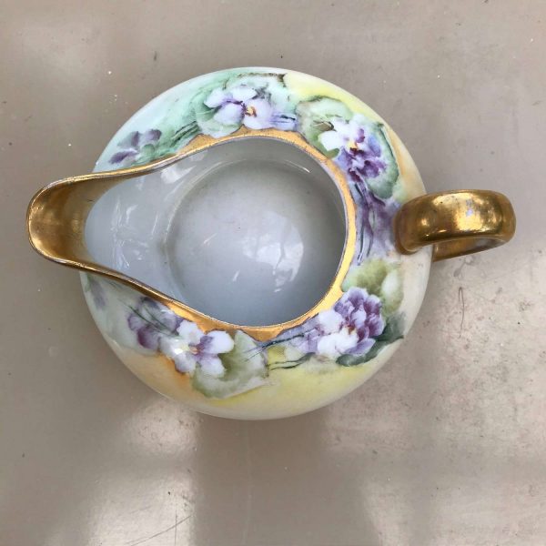 Beautiful Antique hand painted floral creamer trimmed in gold J&C Bavaria early 1900's Fine bone china Purple violas cream pitcher