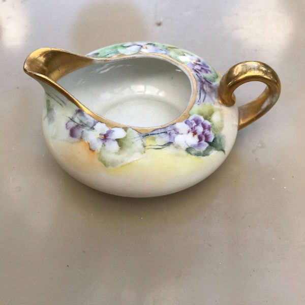 Beautiful Antique hand painted floral creamer trimmed in gold J&C Bavaria early 1900's Fine bone china Purple violas cream pitcher