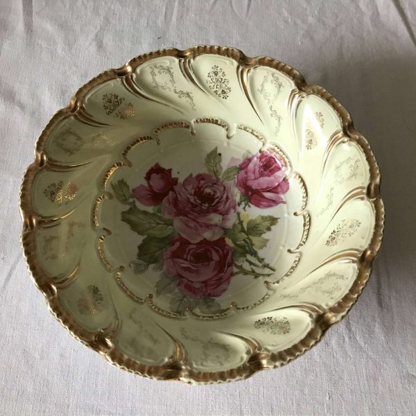 Beautiful Antique Large Antique Hand painted Rose Vegetable Bowl Trimmed in Gold Farmhouse Cottage Shabby Chic collectible display bowl