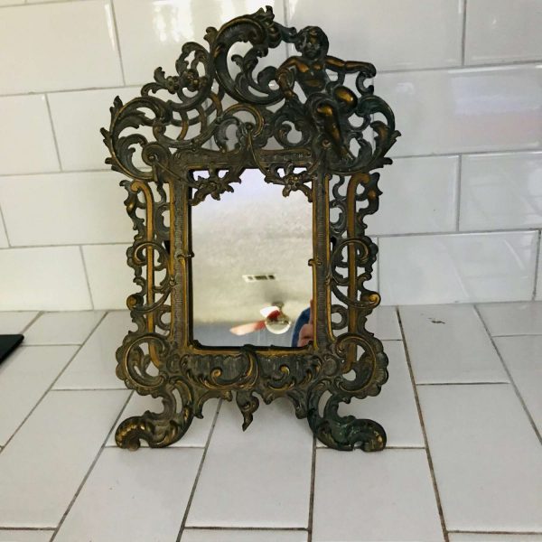 Beautiful Brass Victorian Mirror Table Vanity Bedroom ornate with cherub scrolls and flowers detailed collectible display farmhouse cottage