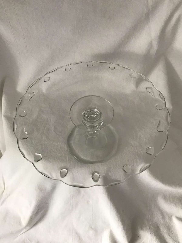 Beautiful Cake Stand footed cake plate Clear glass tear drop pattern scalloped rim farmhouse cottage collectible display