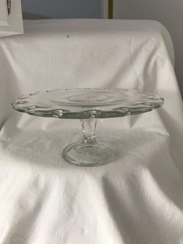 Beautiful Cake Stand footed cake plate Clear glass tear drop pattern scalloped rim farmhouse cottage collectible display