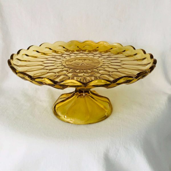 Beautiful Cake Stand footed cake plate Yellow scalloped rim farmhouse cottage collectible display birthday holiday Christmas Special event