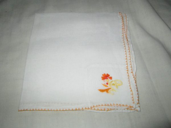 Beautiful Cotton Hankie Oranges and Yellows it is trimmed in yellow embroidery a Yellow embroidered edge cottage shabby chic collectible