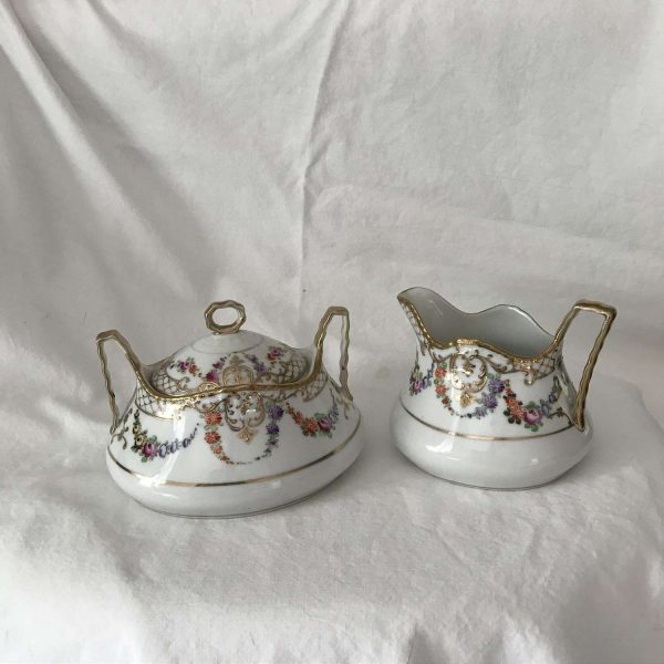 Beautiful Cream and Sugar Nippon Hand painted Dresdon flower  pattern orante gold trim farmhouse antique dining serving collectible