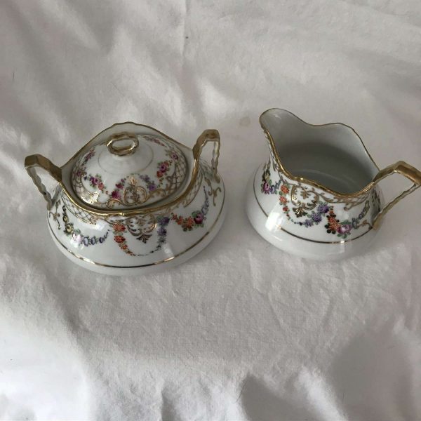 Beautiful Cream and Sugar Nippon Hand painted Dresdon flower  pattern orante gold trim farmhouse antique dining serving collectible