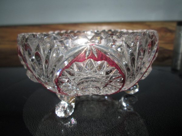 Beautiful Cut Glass footed dish red and clear