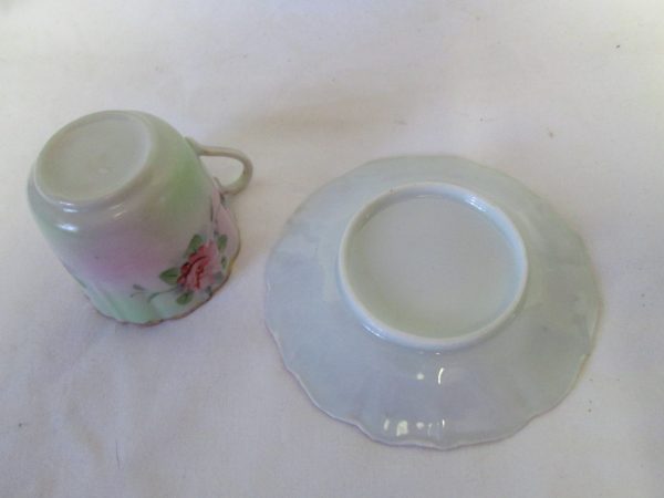 Beautiful Demitasse tea cup and saucer pink roses green leaves gold trim scalloped rims