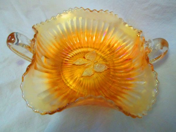 Beautiful Early Carnival Glass bowl with handles ruffled rim Vintage home decor Butterfly in Bottom Marigold Bon Bon