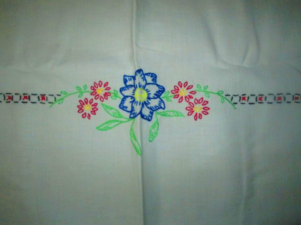 Beautiful Hand Embroidered Large Flower Cotton Tablecloth 35" x 50"