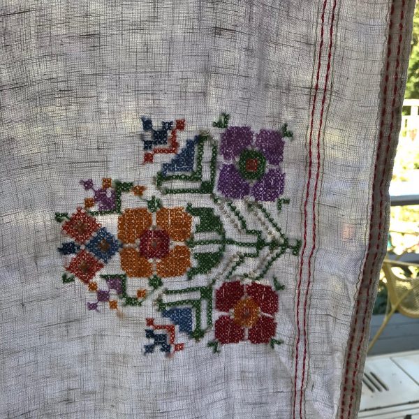 Beautiful hand embroidered linen tablecloth Red Green Yellow blue lavender all hand stitched square corners 48"x48"