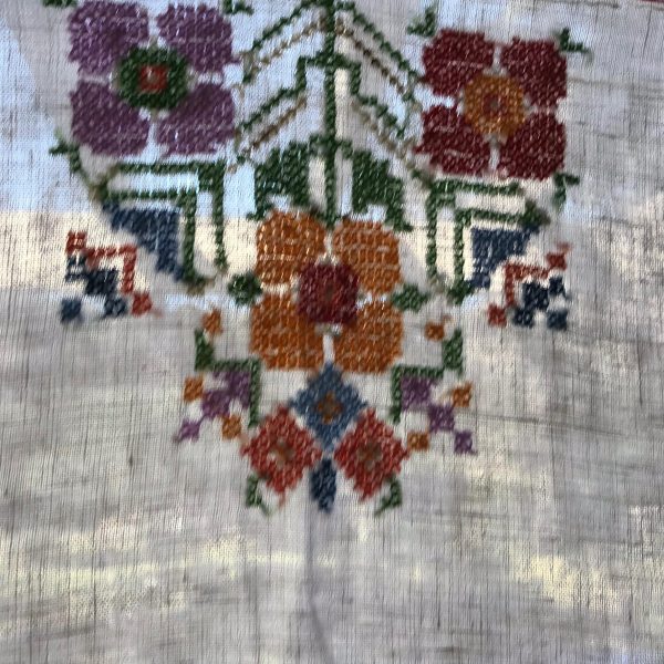 Beautiful hand embroidered linen tablecloth Red Green Yellow blue lavender all hand stitched square corners 48"x48"