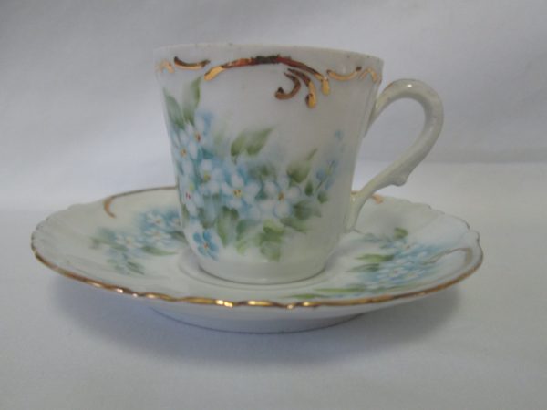 Beautiful Hand Painted M.Z. Austria Demitasse tea cup and saucer Blue Floral with Gold Trim