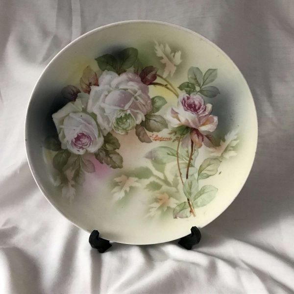 Beautiful Hand Painted Rose Plate Porcelain Collectible display farmhouse cottage shabby chic elegant plate Wall shelf decor