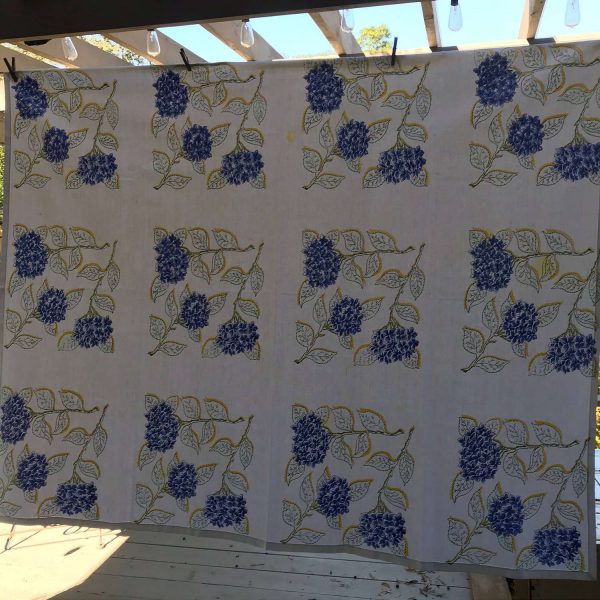 Beautiful Heavy cotton Blue/Purple Hydrangeas and green leave outlined in yellow New old stock 54" x 68" with 6 matching napkins