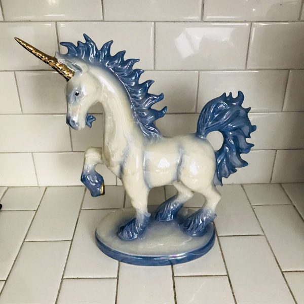 Beautiful Iridescent Unicorn Large Figurine Blue and Gold Nice Detial Whimsical porcelain 13" tall 14" across