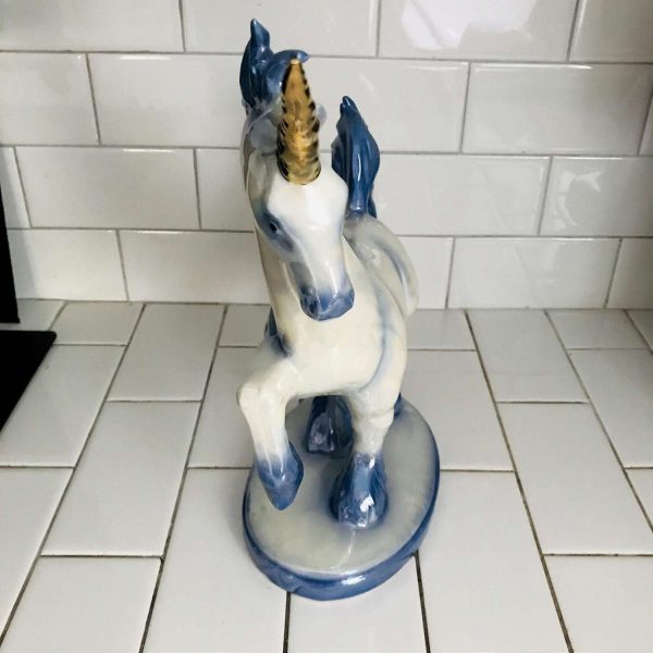 Beautiful Iridescent Unicorn Large Figurine Blue and Gold Nice Detial Whimsical porcelain 13" tall 14" across