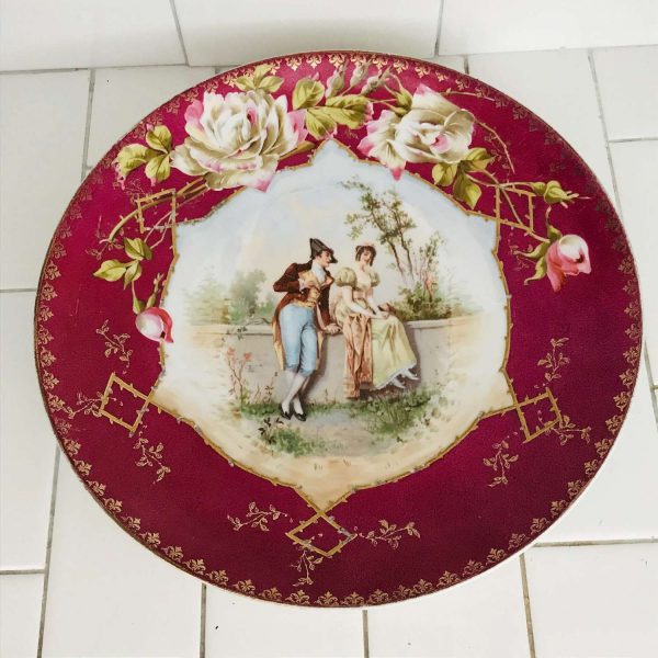 Beautiful large serving Platter tray wall decor Courting Couple hand painted roses burgundy rim heavy gold