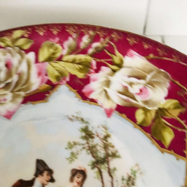 Beautiful large serving Platter tray wall decor Courting Couple hand painted roses burgundy rim heavy gold