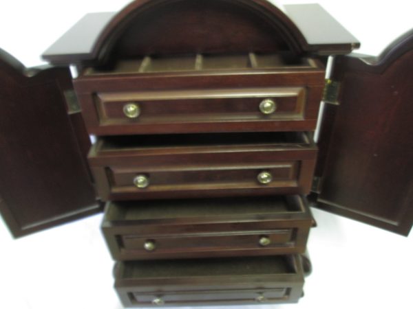 Beautiful Large Wooden Jewelry Box footed Queen Anne style Tall boy dresser design Mahogany wood 4 drawers Lined