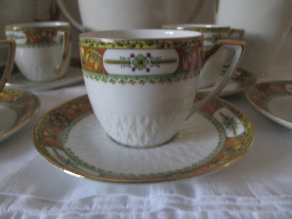 Beautiful Limoges Chocolate or Tea Set 6 Tea Cup Saucers Creamer Sugar Stunning Pattern Trimmed in Gold farmhouse collectible display