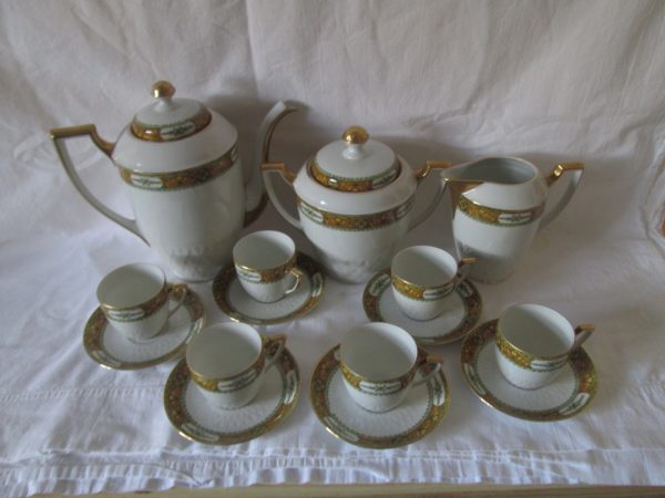 Beautiful Limoges Chocolate or Tea Set 6 Tea Cup Saucers Creamer Sugar Stunning Pattern Trimmed in Gold farmhouse collectible display