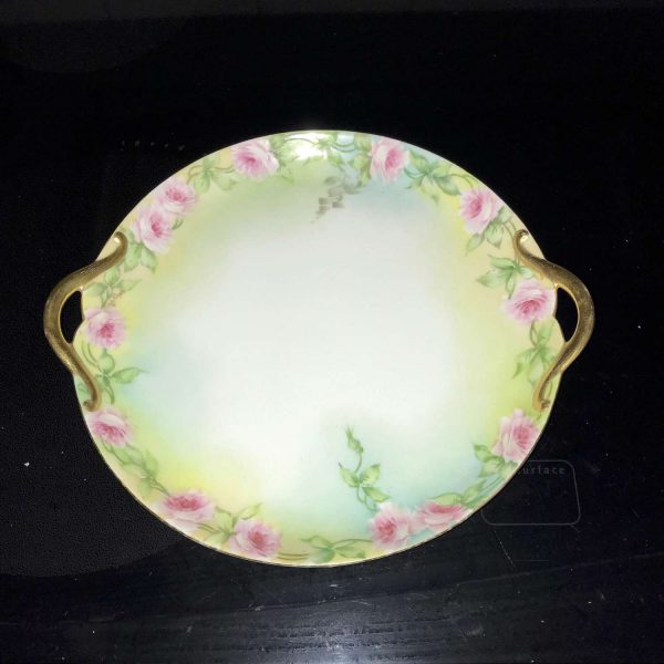 Beautiful Limoges France Double handle Plate Hand painted turn of the century fine bone china pink cabbage rose gold handles farmhouse