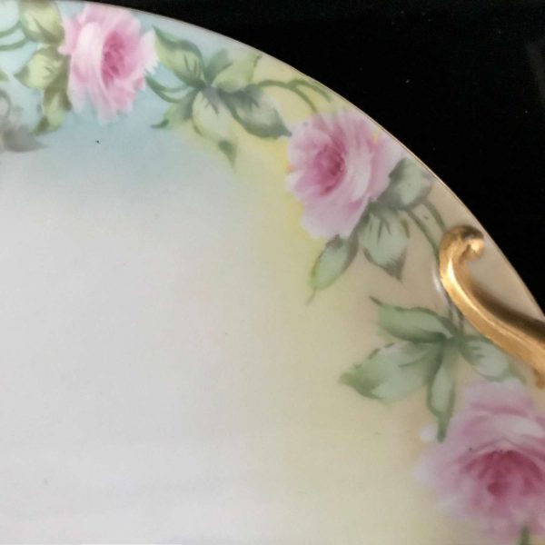 Beautiful Limoges France Double handle Plate Hand painted turn of the century fine bone china pink cabbage rose gold handles farmhouse