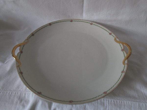 Beautiful Limoges France Large Platter Green with Pink Flowers Gold trim handles