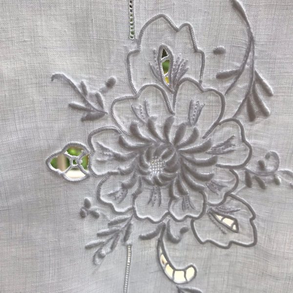 Beautiful Machine Embroidered White on White 68" x 84" Fine hand rolled cotton Tablecloth