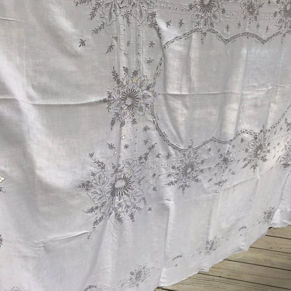 Beautiful Machine Embroidered White on White 68" x 84" Fine hand rolled cotton Tablecloth