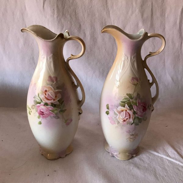 Beautiful Pair of Antique Ewers Large Vases Hand Enameled Roses Shabby Chic Cottage Antique home decor Farmhouse Collectible